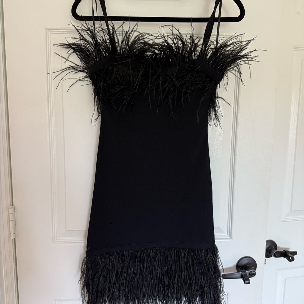 STAUD Black Dress with Feather Detail